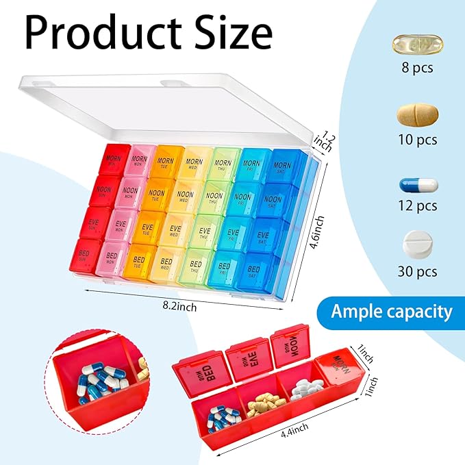 9 Pack Weekly Pill Organizer Box Waterproof Big Medication Box 4 Times a Day 7 Day Case Container for Daily Travel for Vitamins and Fish Oil Supplements