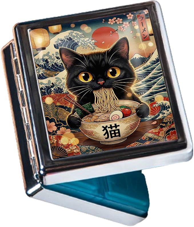 Metal 7 Day Pill Organizer, Weekly Pill Case 8 Compartments, Travel Pill Box for Purse & Pocket, Small Medicine & Vitamin Organizer, PP Dividers, Secure Clasp (Ramen Cat)