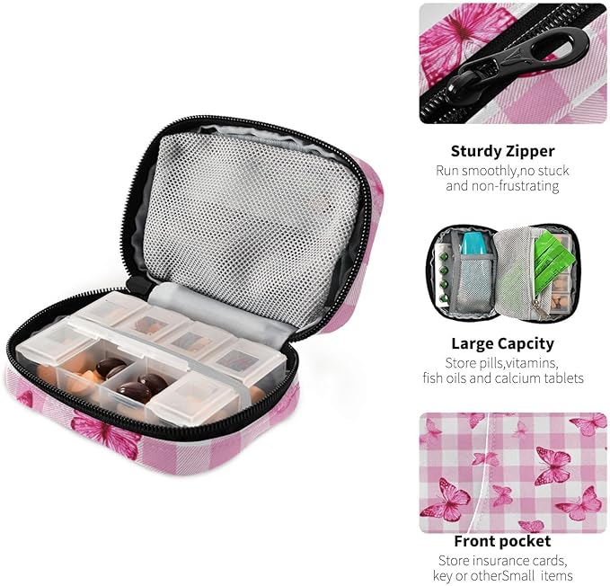 Checkered Pink and White Butterflies Travel Pill Organizer Case Box Container Weekly Portable Vitamin Medicine Holder Storage Bag with Zipper Removable