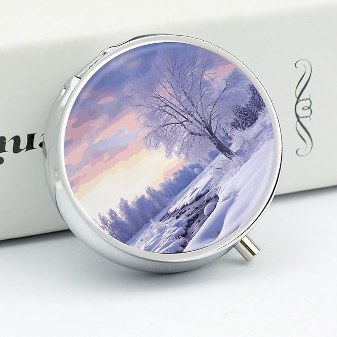 Winter Landscape Pill Box Travel Pill Case for Purse Pocket Weekly Medicine Organizer with Mirror 3 Compartment Round Medicine Case Portable PillcaseHolder for Daily