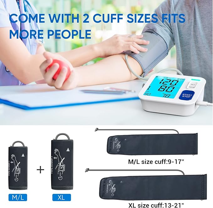 Blood Pressure Monitors for Home Use, 9-17'' & 13-21'' Extra Large Blood Pressure Cuff Upper Arm, Oversized Operation Button &Large Backlit LCD, Automatic BP Machine with USB Cable and 4 AAA Batteries