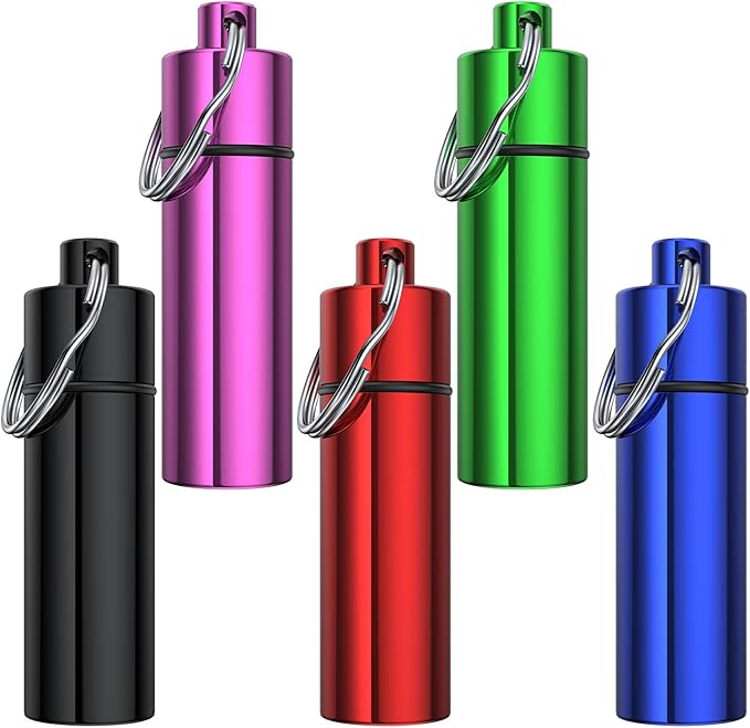 Small Pill Box,(5 Pack) Keychain Pill Holder Portable Mini Travel Pill Container Metal Case Bottle with Keyring