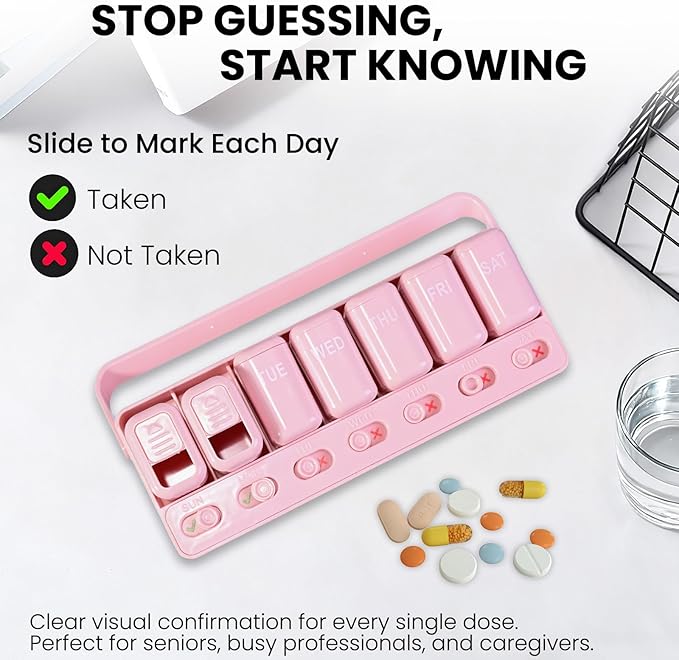 Weekly Pill Organizer with Taken/Untaken Tracker – Never Forget or Double-Dose Your Medication, Large Daily Compartments for Vitamins & Supplements, Vitamin, Pink