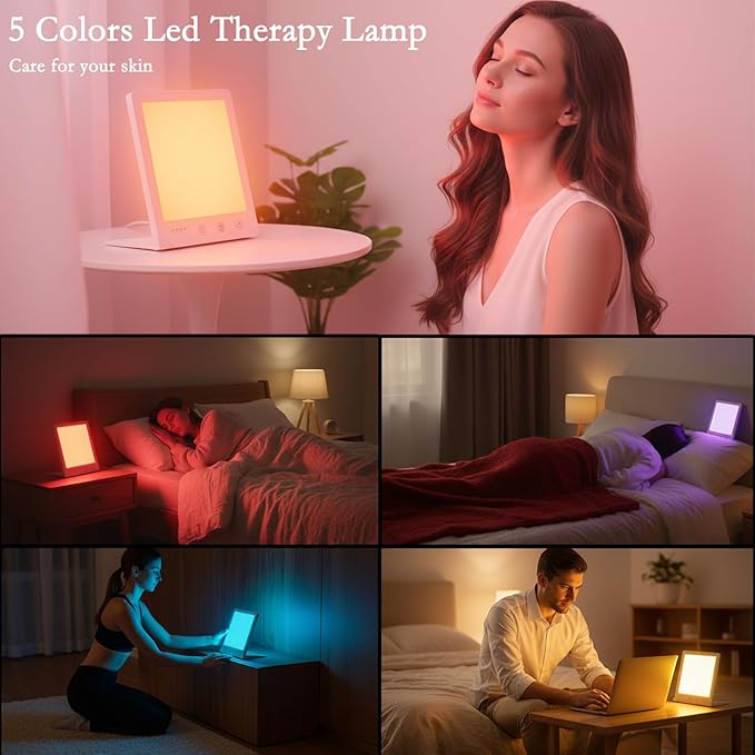 Red LED Light Therapy Lamp for Face, 5-Color Facial Beauty Device with 630nm & 850nm Near Infrared Red Light Therapy for Desk with Adjustable Stand, Timer and Protective Glasses, Home and Travel Use