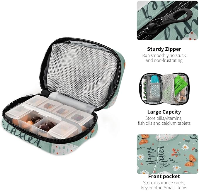 Teal Egg Daisy Easter Travel Pill Organizer Case Box Container Weekly Portable Vitamin Medicine Holder Storage Bag with Zipper Removable
