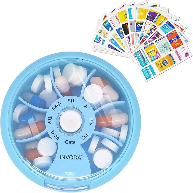 INVODA Weekly Pill Organizer with 77 Pre-Cut Medication Labels – 7 Compartment Rotating Medicine Box Daily Pill Case for Vitamins, Fish Oil & Prescriptions – BPA-Free Plastic – Compact Travel Size
