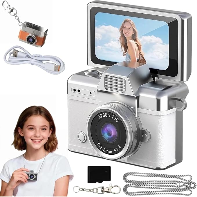 Mini Digital Camera Keychain Retro Mini Digital Video Camera Small 1080P FHD Recording with 0.96" IPS Screen with 6 Retro Filters AVI Format-Ideal for Phone Transfer (128GB, White)