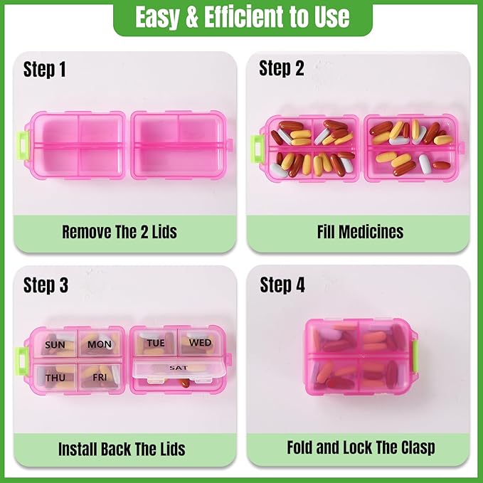 7 Day Compact Pill Organizer, Foldable Portable Travel Pill Box with Double Protection, Daily Small Pill Case Dispenser for Medication, Vitamins, Supplements (Clear Pink)