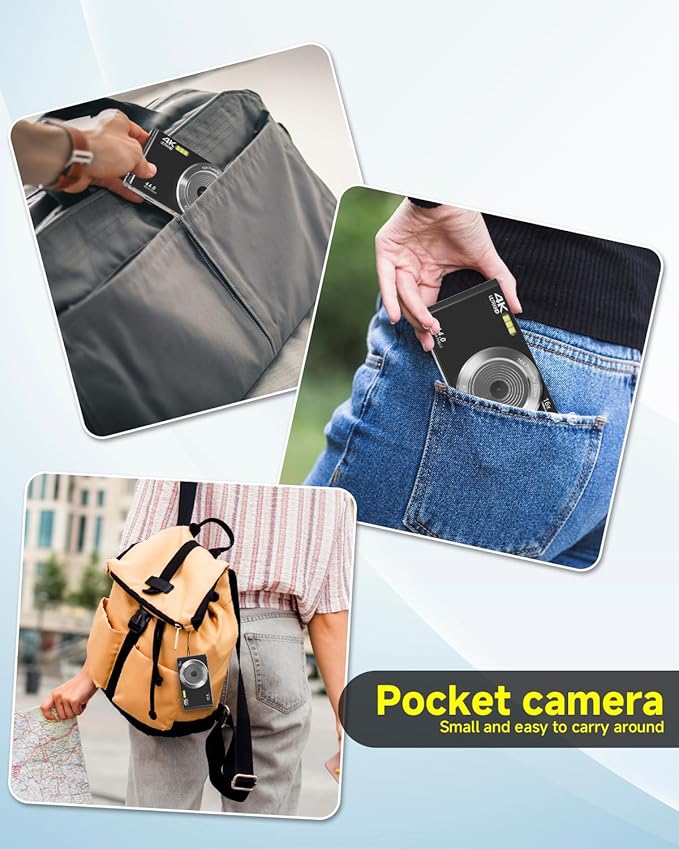 Black Digital Camera 4K for Teens with 16X Zoom Auto Focus, Small Compact Portable Point and Shoot Boys/Girls Student Digital Camera with 64G SD Card, 2 Batteries