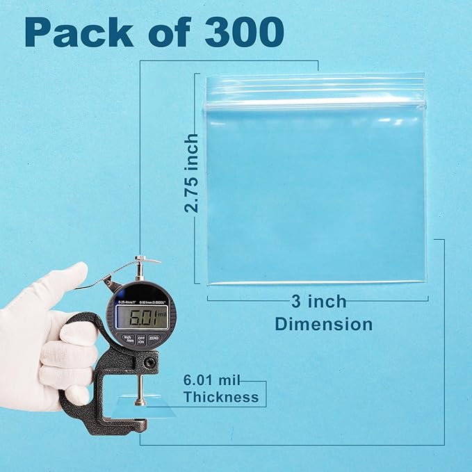 300 Packs Pill Bags 6 mil Sturdy 3x2.75 inch Pill Pouches BPA Free Zip Seal Waterproof Handy Reusable Poly Bags for Travel Small Plastic Bags for Pill Organizer, Jewelry and Small Craft Pieces