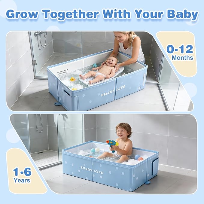 IcyByte Baby Bathtub, Portable & Collapsible Bath Tub for Infant and Toddler, Foldable Toddler Tub for Small Bathroom, Newborn Baby Bath Essentials for Travel & Beach, Bañera para Bebé, Blue