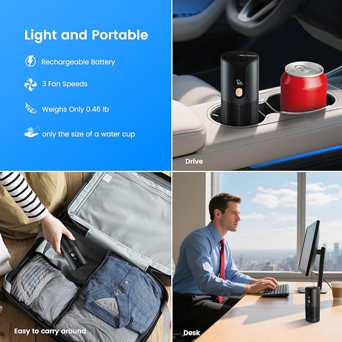 Mini Car Air Purifier with True HEPA 3-Layer Filtration,15dB Ultra-Quiet & Portable Air Purifier for Car, Desk, Small Spaces & Travel (Black)