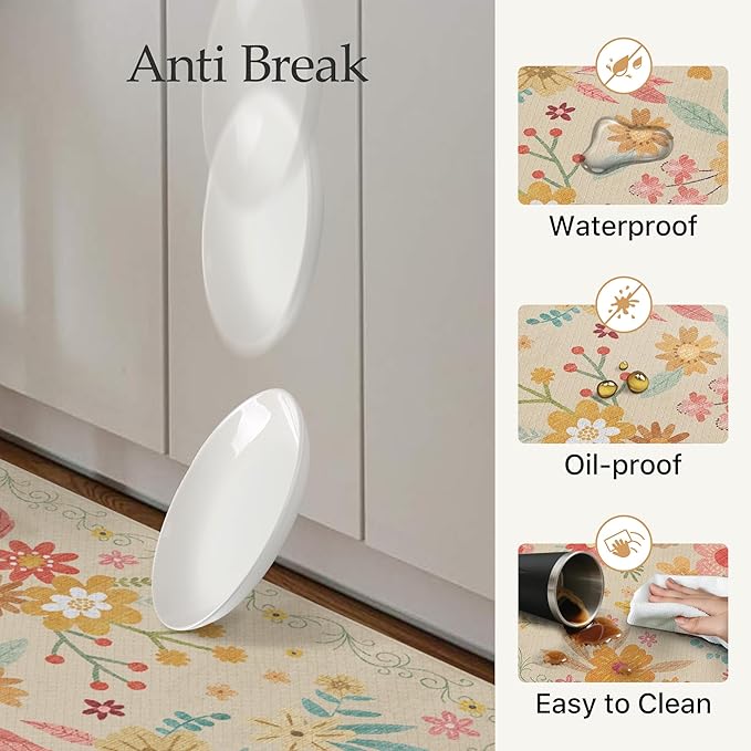 GENIMO Kitchen Mats for Floor 2PCS, Cushioned Kitchen Rugs Non Slip Washable, Farmhouse Anti Fatigue Mat Waterproof, Comfort Standing Mat Rug for Office, Home, Laundry, 17.3"x59"+17.3"x30", Beige