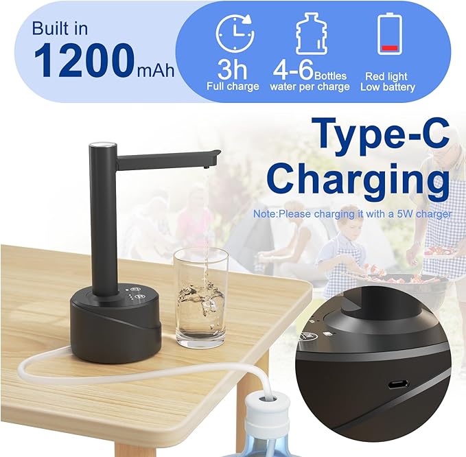 Latedaux 5 Gallon Dual-use Desktop Electric Water Bottle Dispenser, USB Type-C Charging Automatic Countertop Drinking Water Bottle Pump for 2-5 Gallon, Smart Water Jug Dispenser for Camping(Black)