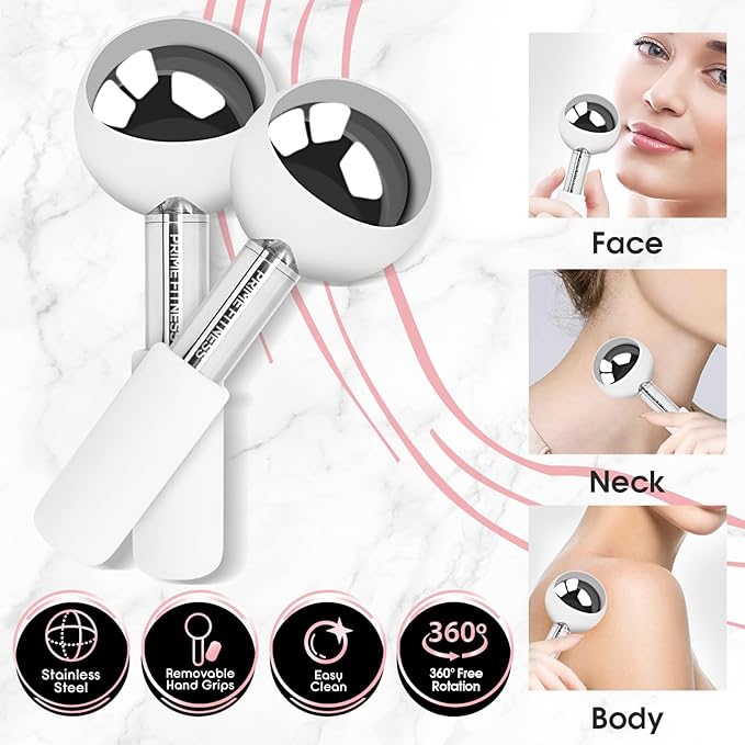Ice Globes for Facials | Unbreakable Steel Cooling Roller | Cryo Sticks for Face | Massager for Face Neck & Eyes | Skin Care for Dark Circles, Puffiness, (STEEL 360 Rotating) (STELL l360 Rotating)
