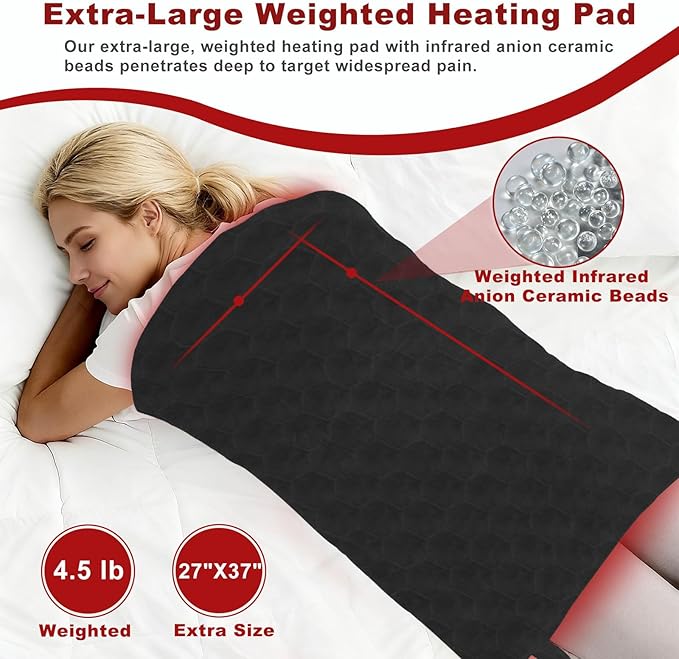 KozyOne XXXL Weighted Premium Heating Pad - Far Infrared & Negative Ion Therapy for Pain Relief in Back, Neck, Shoulders, Knees, 4 Heat Settings, Auto-Off, Machine Washable (27" x 37")