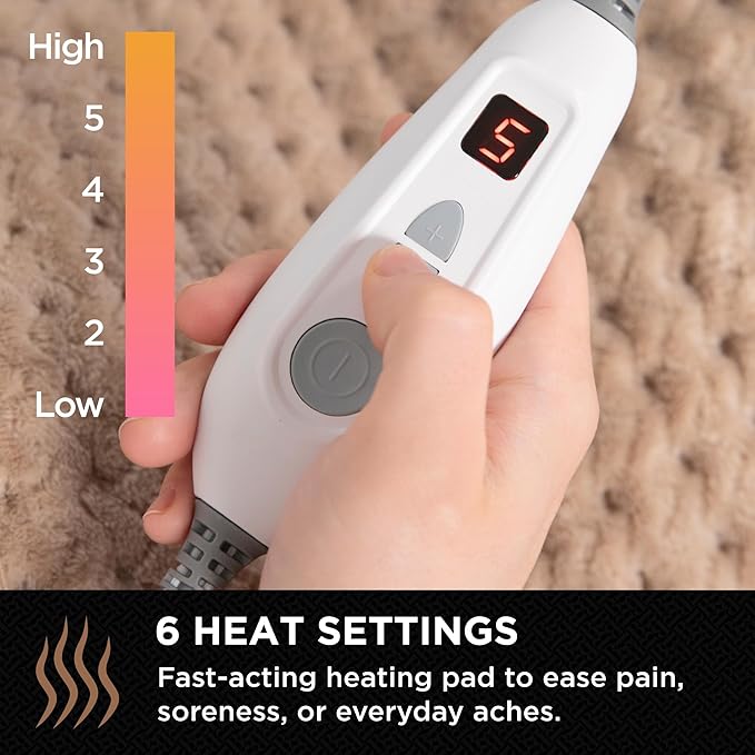 Brookstone Herringbone Portable Heating Pad - Super Soft Plush, 6 Heat Settings, Machine Washable, Easy-to-Use Controller, 16'' x 12'' for Pain Relief, Period Cramps, Warmth (Taupe)