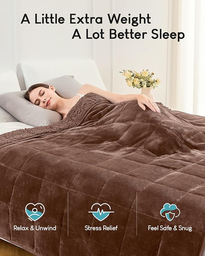 Cottonblue Weighted Blanket for Adults 15 lbs Twin Size 48x72 in, Cozy Flannel Sherpa Fleece Weighted Throw Blankets Comfortable for Calming and Relax, Shaggy Bed Sofa Heavy Blankets, Chocolate Brown