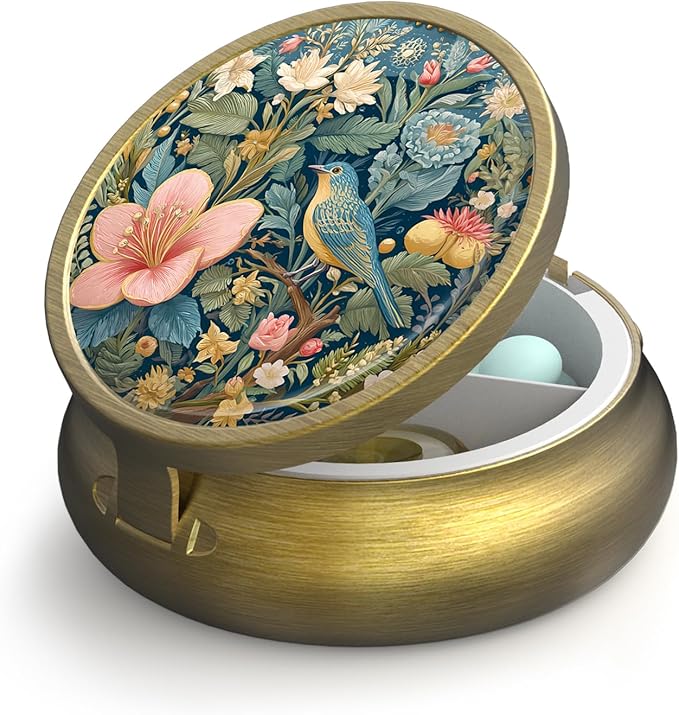 Small Pill Case Pill Box with Mirror Retro 3 Compartment Pill Holder for Purse or Pocket Bronze Portable Medicine Vitamin Container Fish Oil and Supplement Storage BPA-Free(Retro Bird and Flower)
