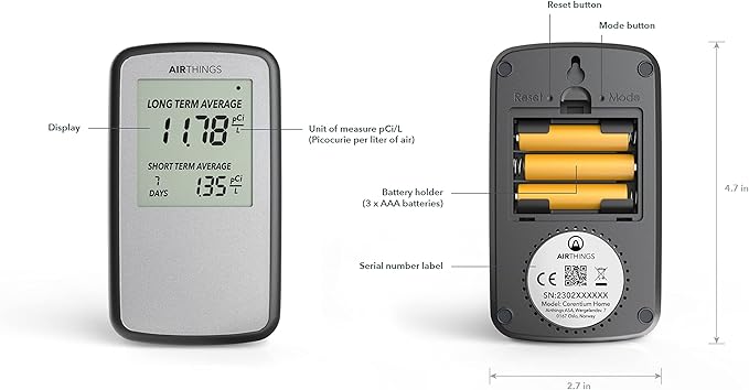 Airthings Corentium Home Radon Detector 223 Portable, Lightweight, Easy-to-Use, (3) AAA Battery Operated, USA Version, pCi/L