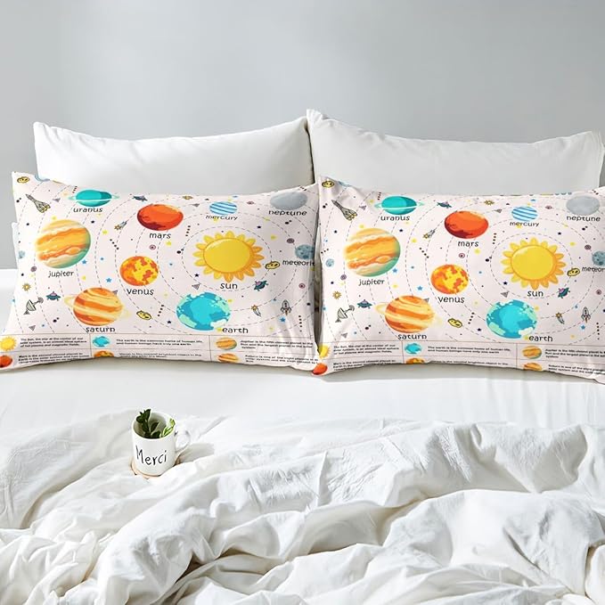 Solar System Fitted Sheet Full, Outer Space Bedding Set Educational Bed Sheet Set for Kids Planet Solar System Bed Cover Lightweight Bed Set (No Flat Sheet)