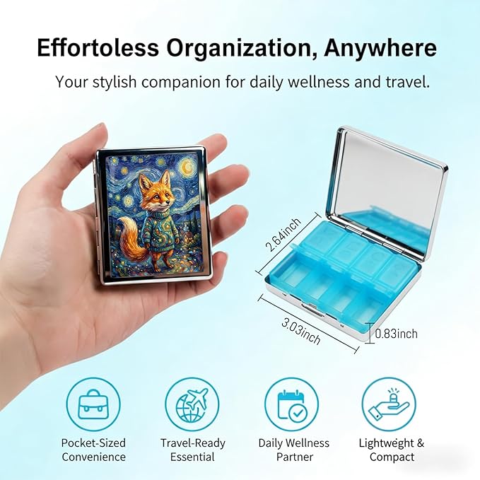 Metal 7 Day Pill Organizer, Cute Small Weekly Pill Case with 8 Compartments for Travel, Moisture-Proof Medicine Holder for Purse, Compact Daily Vitamin Box (Starry Fox)