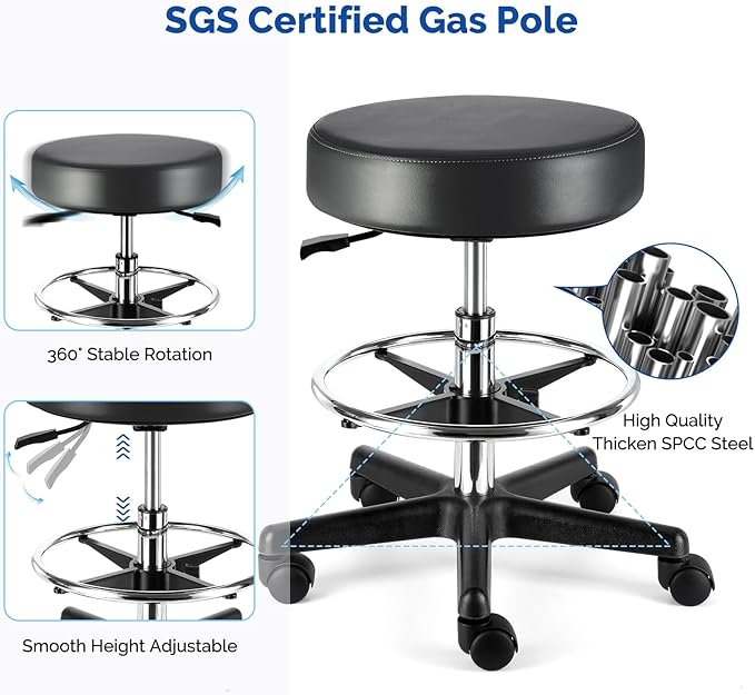 JMU Rolling Stool Heavy Duty 400lb with Footrest,PVC Leather Large Seat,Swivel Rolling Adjustable Height for Salon Spa Work Office Clinic Dentist Dentists Healthcare, Black
