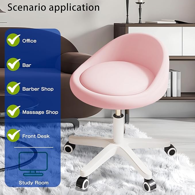 Rolling Stool Set of 6– Ergonomic Swivel Seat, Adjustable Height, Ultra-Quiet Wheels, Padded PU Leather Cushion, for Salon, Office, Massage & Medical Use Pink