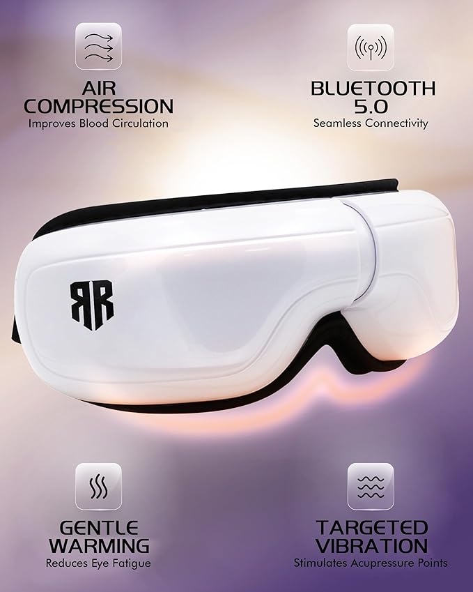 Eye Massager with Heat & Compression, 5 Massage Modes, Bluetooth Music, Foldable Massager for Eye Strain Relief, Relaxation & Better Sleep, Heated Eye Mask, Migraine Relief Device, Gifts for Women/Men