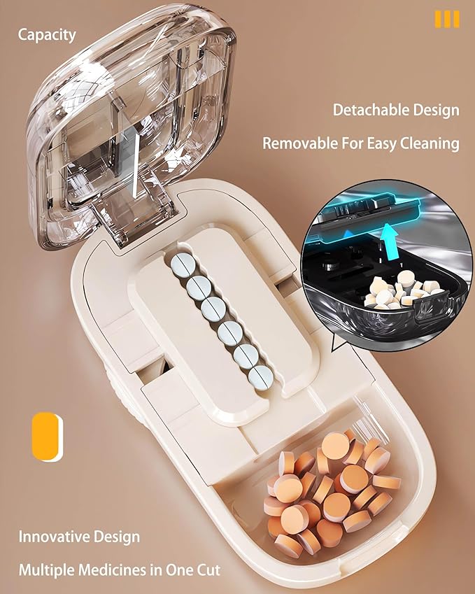 Pill Cutter (Off-White with Brush) Cutter Divider丨Pill Divider丨Pill Divider, Pill Divider for Cutting Pills, cuts Small or Large Pills in Half, Suitable for Travel, Pets