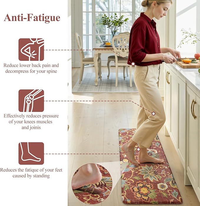 LEEVAN Anti Fatigue Mats for Kitchen Floor 2 Piece,Cushioned Memory Foam Red Kitchen Mats for Floor,Comfort Floral Boho Non Slip Kitchen Floor Mat for Sink,Laundry,Office(17''x29''+17''x47'')
