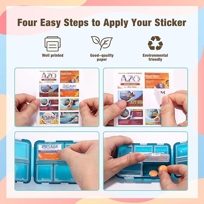 383Pcs Pill Organizer Medicine Labels, Pre-Cut Medicine Stickers Travel Daily Pill Container Labels with 34 Sheets Pill Box Lables Pill Organizer Stickers of Brands+4 Sheets Blank Stickers(351+32PCS)