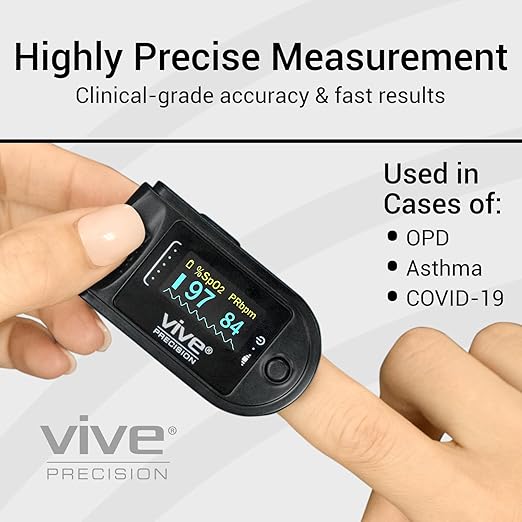 Vive Precision Pulse Oximeter - Oxygen Monitor Fingertip, Heart Rate Medical Grade Sensor LED Display - Accurate Finger Meter for Saturation SpO2, Lanyard & Batteries Included