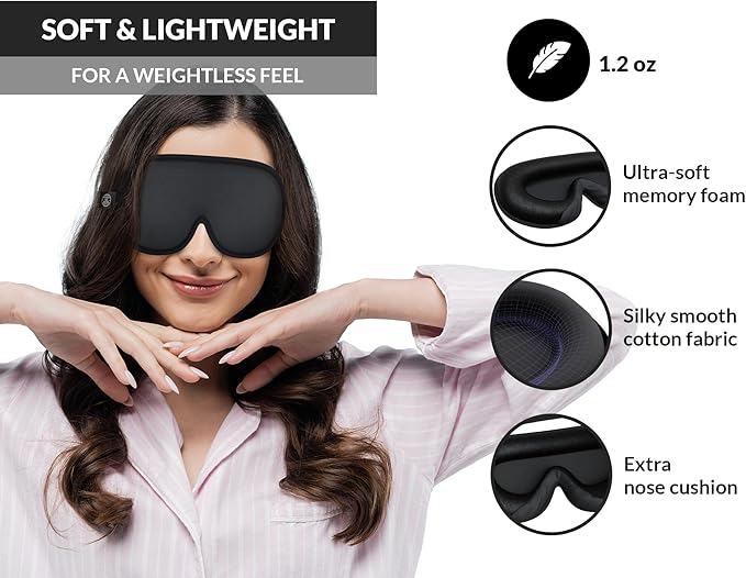 3D Sleep Mask -100% Blackout Sleep Mask, Memory Foam & Soft Cotton, Adjustable Headband, Ergonomic Design - Includes Soft Earplugs for Noise Reduction - Ideal for Travel & Restful Sleep