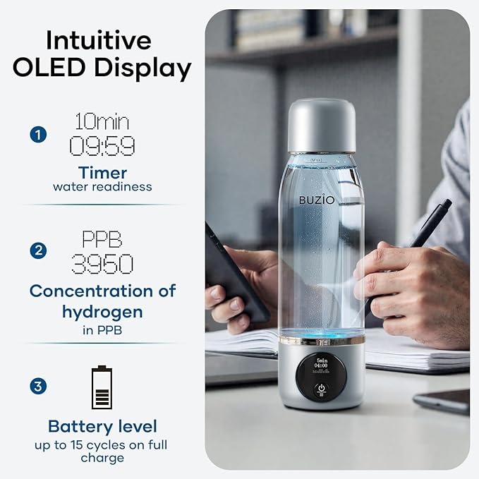 BUZIO Hydrogen Water Bottle, 4000+ PPB Concentration Alkaline Water Generator with Gen5 SPE/PEM Technology, Portable Athletic Performance Alkaline Hydration System Machine, Silver