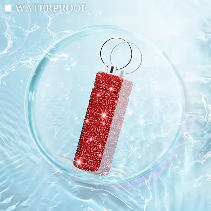 Yuchew Bling Pill Case Pill Container Rhinestone Pill Box Portable Waterproof Pocket Pill Holder Bottle Storage with Keychain for Travel, Outdoor, Camping (Red)