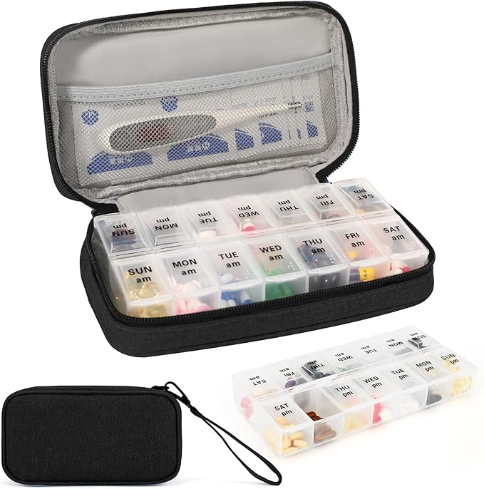 Weekly Pill Organizer 2 Times a Day, Travel Pill Box 7 Day with Large Opening, Pill Case with Handle, Pill Dispenser Medicine Organizer for Vitamins, Fish Oils, Medications, Supplements(Black, Large)