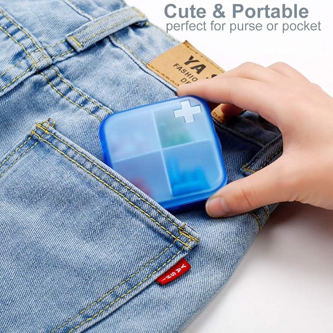 2 Pack Portable Travel Pill Organizer Case for Pocket or Purse Cute Small Daily Pill Box BPA Free Plastic Medicine Vitamin Holder Container (4 Compartments)