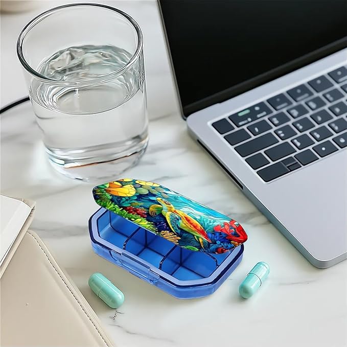 This Portable Colorful Coral Reef Sea Turtle Pattern 6 Compartment Pill Box Can Be Placed in A Pocket Or Wallet to Store Vitamins, Medicines Health Supplements Other Medications.