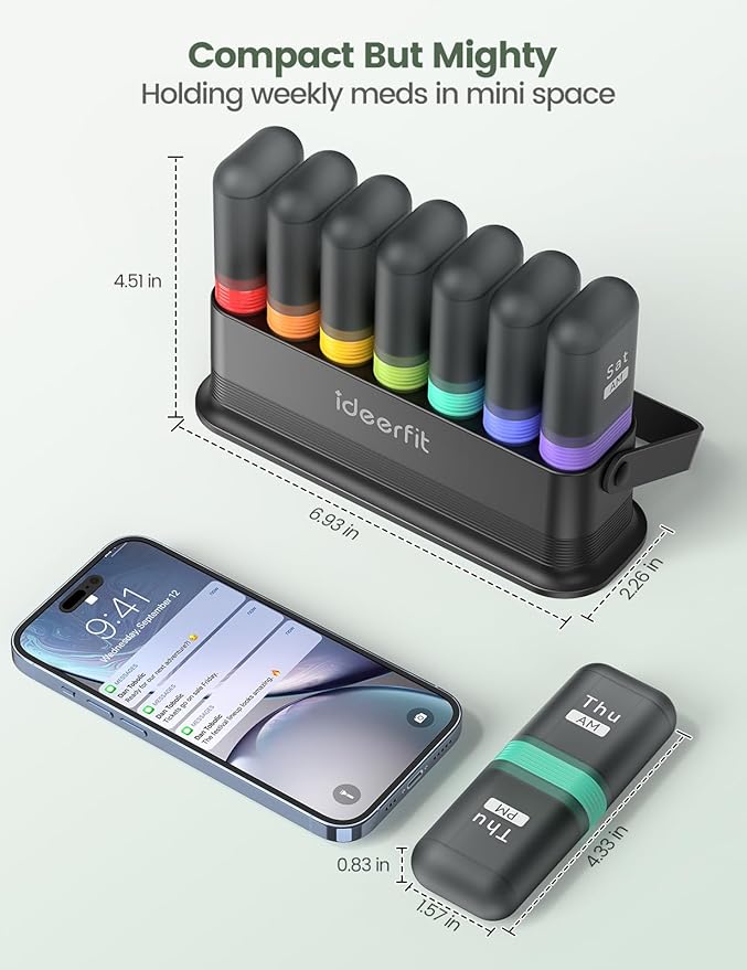 Weekly Pill Organizer 7 Day Two Times a Day, Rotatable Silicone Handle & 7 Detachable Daily Cases, Built-in Desiccant Moisture-Proof Travel Pill Box for Fish Oil, Vitamins & Supplements - Ideerfit