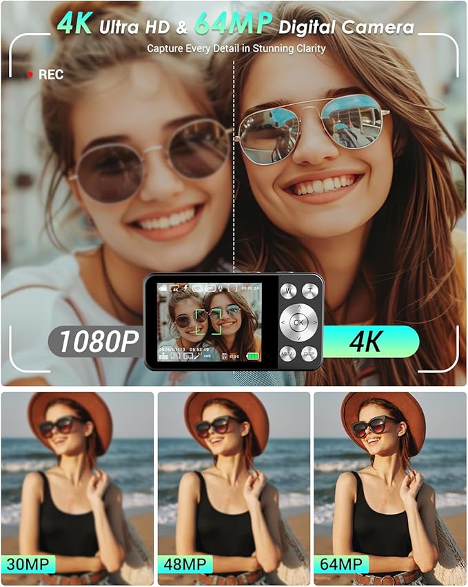 4K Digital Camera, Wevoor 64MP Point and Shoot Digital Camera with Autofocus, 18X Zoom, 20 Filters, 64GB SD Card, 2000 mAh battery, 2.8" Screen Compact Vlogging Camera for Beginners Teens Adult(Black)