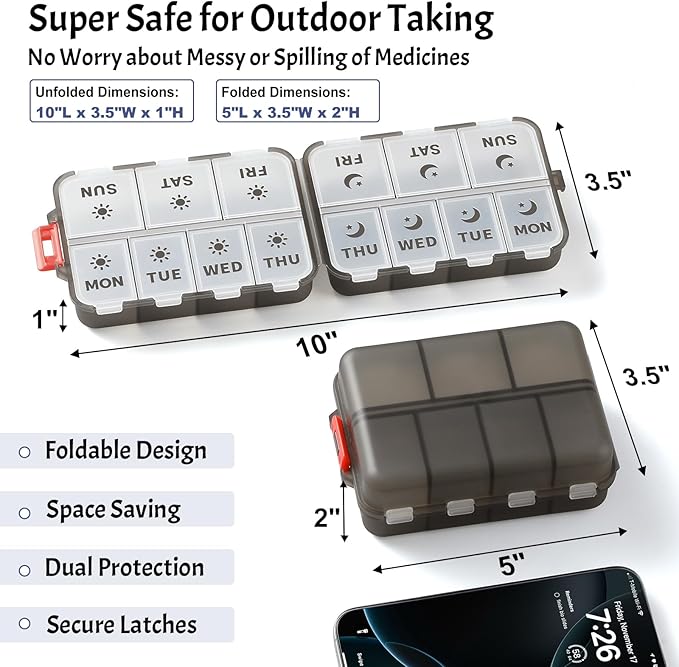 Foldable & Portable Weekly Pill Organizer 2 Times A Day with Etched Labels, Clear Black + 3 Pack, 14 GRIDS Travel Pill Organizer Box