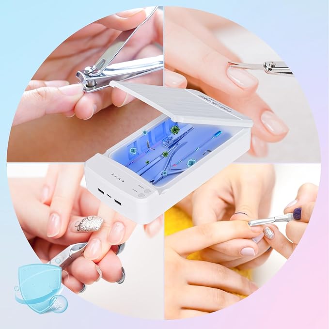 UV Light Nail Tool Cleaner Portable USB Cleaning Box 360° UV Cleaning Container Multi-function Aromatherapy Cleansing Box Manicure Tools Clean Machine for Nails Supplies Salon Phone Glasses White