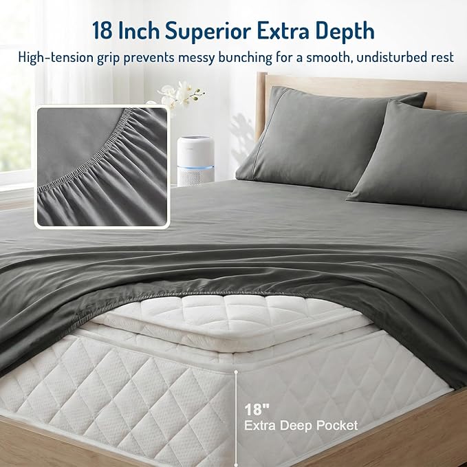 Degrees of Comfort Coolmax® Cooling Bed Sheets Queen Size with 18" Extra Deep Pocket, Moisture Wicking Cold Sheet Set for Hot Sleepers and Night Sweats, Cozy for All Seasons, Grey 4 Pieces