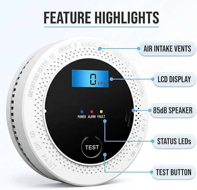 4-Pack Smoke Detector Carbon Monoxide Detector Combo with LCD Display, 85dB Alert, Battery-Powered Smoke & CO Alarm for Home, Kitchen, RV Safety