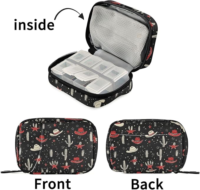Fustylead Western Cowboy Hat and Cactus Pill Organizer for Purse, Weekly Portable Pill Box with Zipper to Storage Vitamins Fish Oils Medications Supplements
