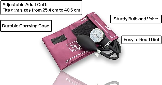 EMI Burgundy Deluxe Aneroid Sphygmomanometer Manual Blood Pressure Monitor Set with Adult Cuff and Carrying Case #217
