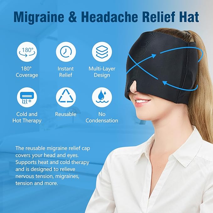 Migraine Relief Cap, Odorless Headache Relief Hat with Hot and Cold Therapy, Odorless Migraine Ice Head Wrap Cold Compress for Tension Relief, Sinus & Stress (180° Gel Coverage)