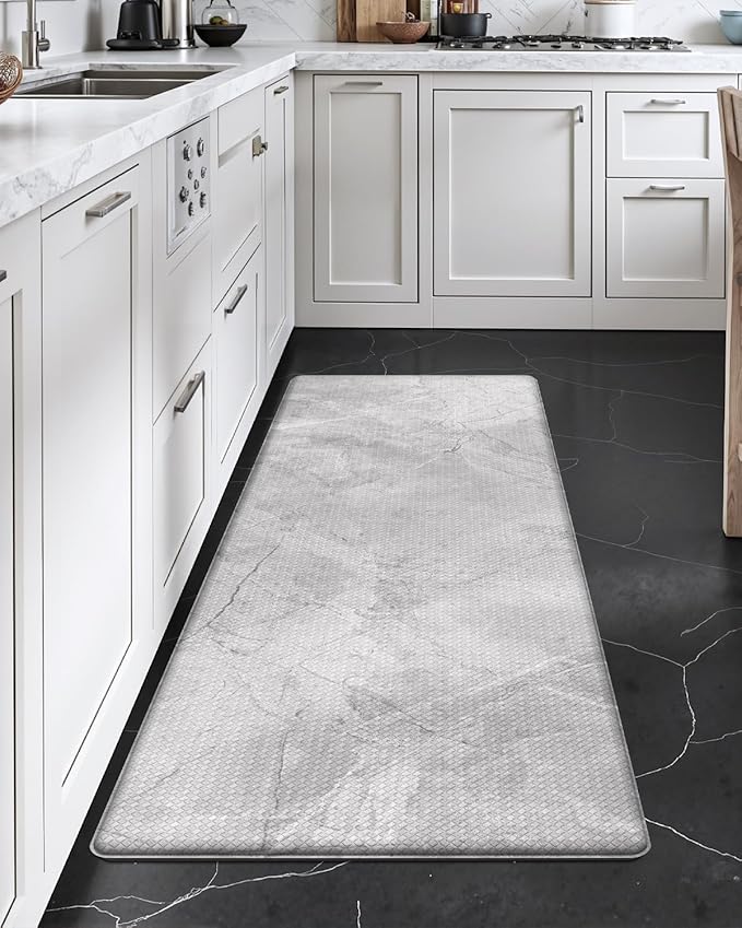 DEXI Kitchen Floor Mats Cushioned Anti Fatigue, 23x59 Large Wide Standing Comfort Runner Rug Waterproof, Marble Memory Foam Padded for Front Sink Laundry, Light Grey