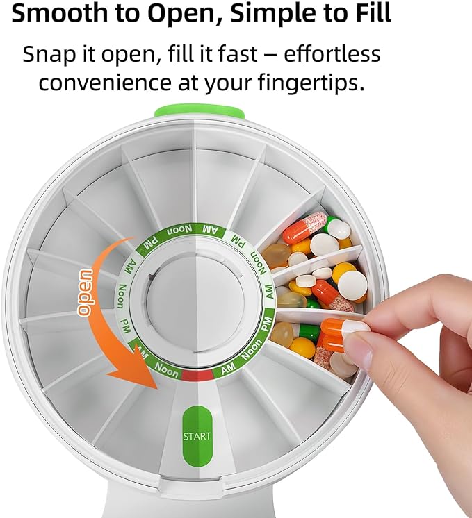 EziMedPil Pill Dispenser Daily, 14 Days Large Pill Organizer with One-Press Button, Standing Use or Wall-Mounted or Glass-Sticking Pill Container w/Med Cup, Weekly Pill Box for Vitamin,Medicine(Green)